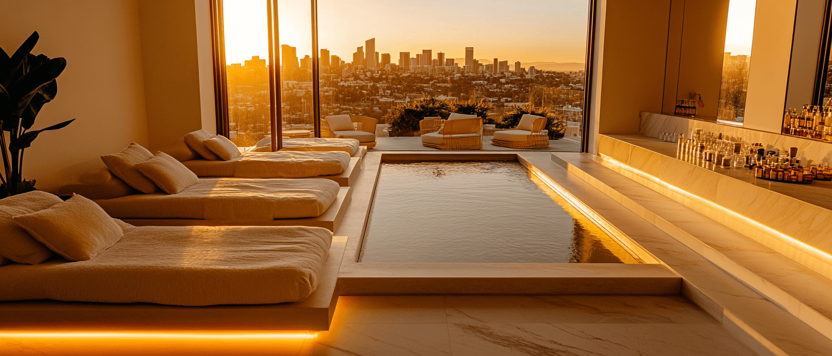 A luxurious indoor spa area with a pool, lounge beds, and a breathtaking view of a city skyline at sunset. The golden lighting enhances the warm and tranquil atmosphere, creating a perfect relaxation retreat.